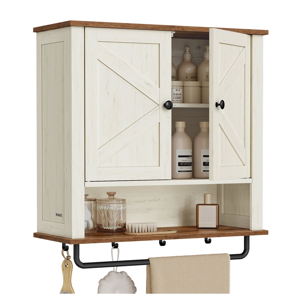 LIRY Collection - Bathroom Wall Cabinet - Farmhouse Wall-Mounted Medicine Storage Cabinet with 2 Barn Doors - Rustic White - 7.9"D x 23.6"W x 28.7"H
