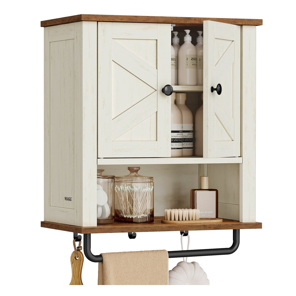 LIRY Collection - Bathroom Wall Cabinet - Farmhouse Wall-Mounted Medicine Storage Cabinet with 2 Barn Doors - Rustic White - 7.9"D x 18.1"W x 24"H
