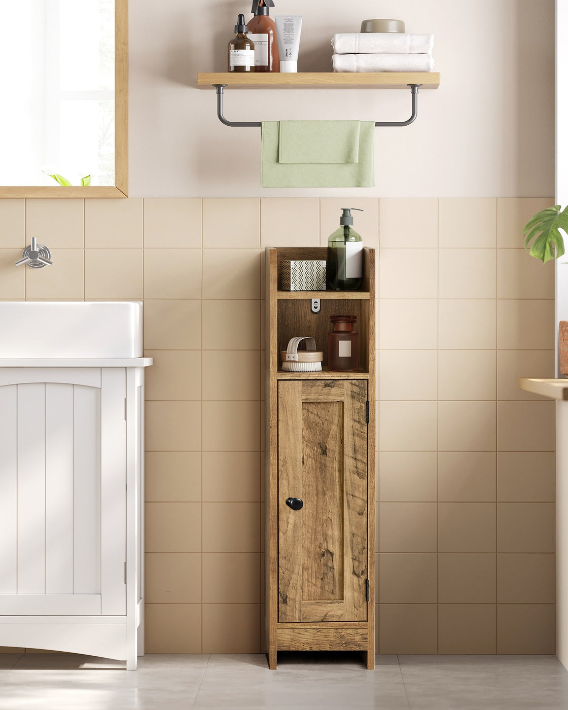 Small Storage Corner Floor Cabinet with Door 7.9 x 7.1 x 31.5 Inches Honey Brown - Honey Brown