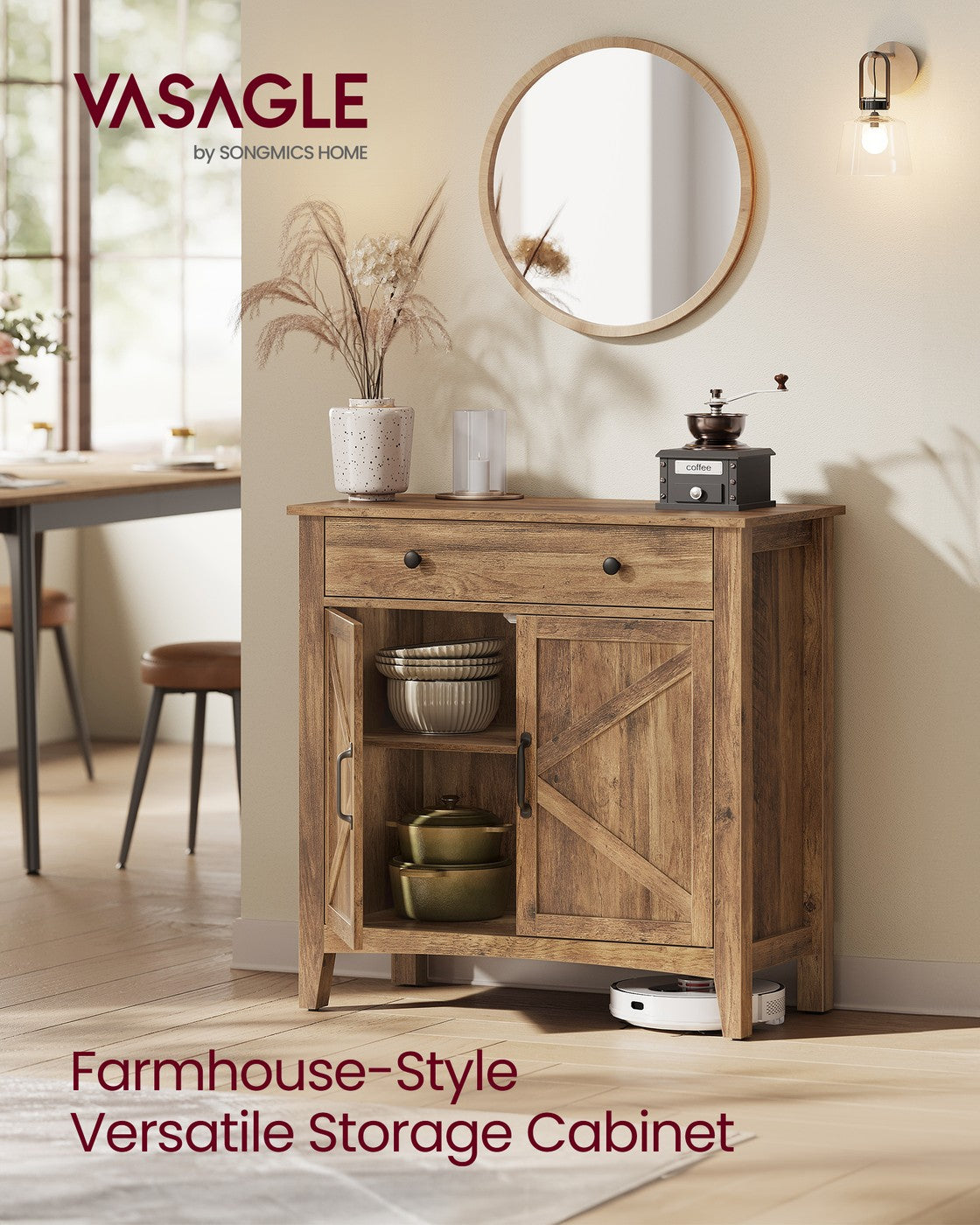 Coffee Bar Cabinet - Kitchen Storage Cabinet with Drawers - Honey Brown