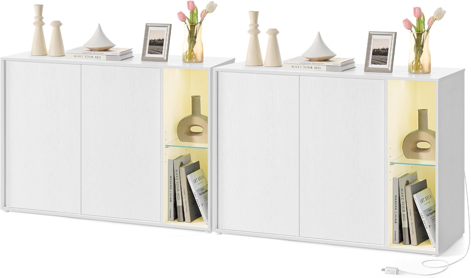 HOME Storage Cabinets - Superfast Toolless Assembly - Accent Buffet Cabinet with Lighting and Glass Shelf - Set of 2 Sideboards for Living Room - Snow White
