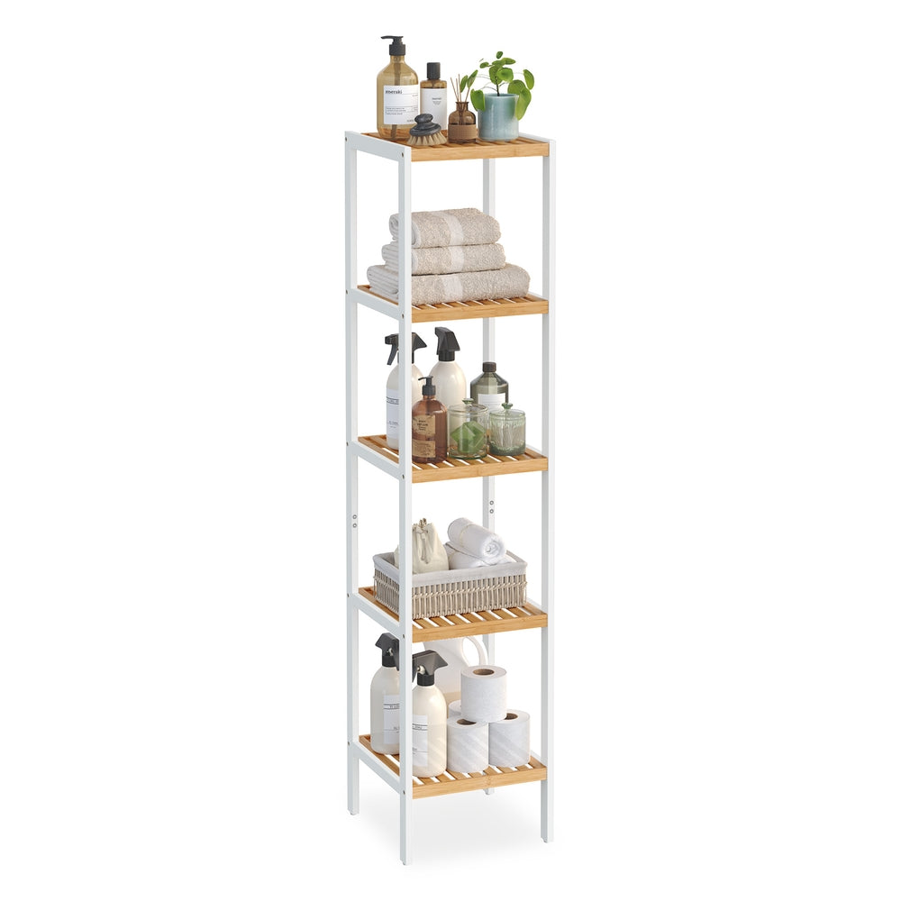 5-Tier Bamboo Bathroom Shelf - Cloud White, Natural Beige