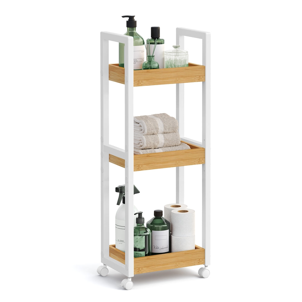 3-Tier Bamboo Rolling Cart on Wheels - White, Natural