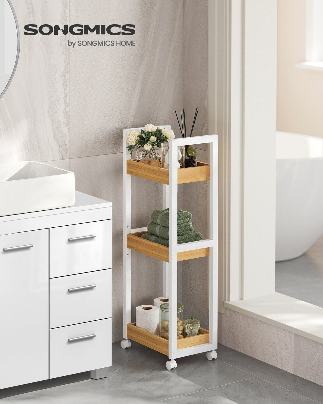 3-Tier Bamboo Rolling Cart on Wheels - White, Natural