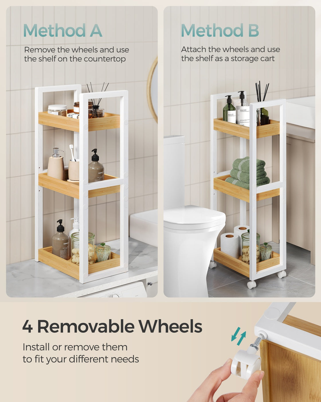 3-Tier Bamboo Rolling Cart on Wheels - White, Natural