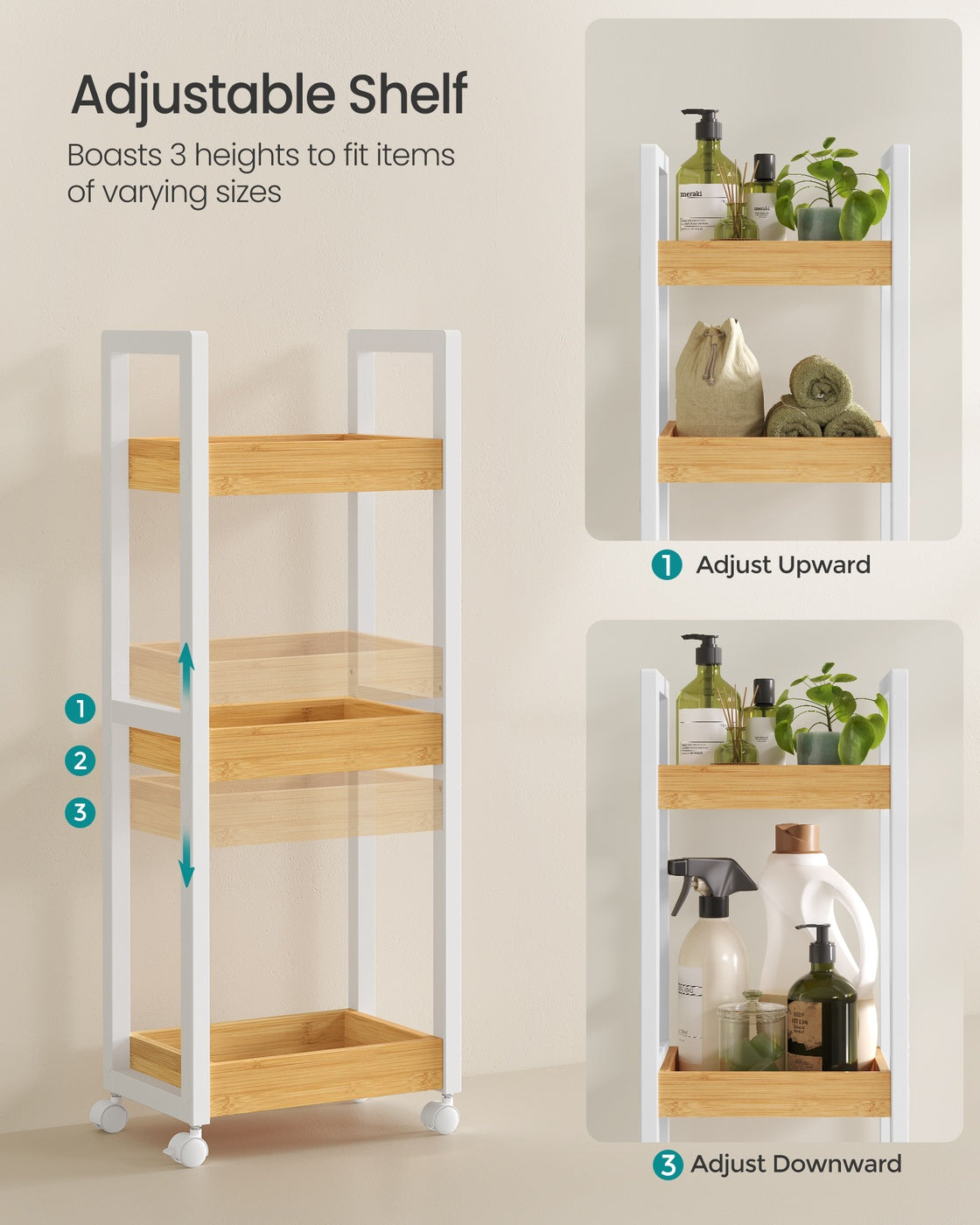 3-Tier Bamboo Rolling Cart on Wheels - White, Natural