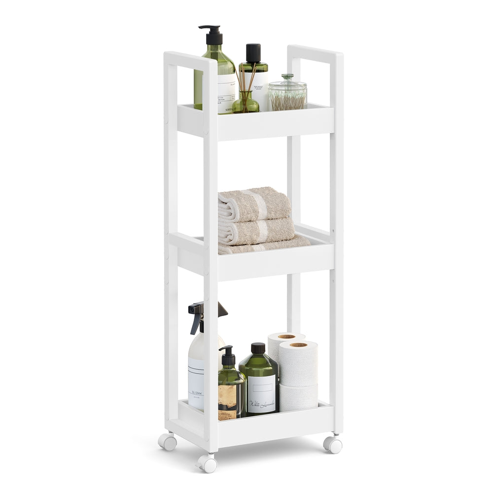 3-Tier Bamboo Rolling Cart on Wheels - White