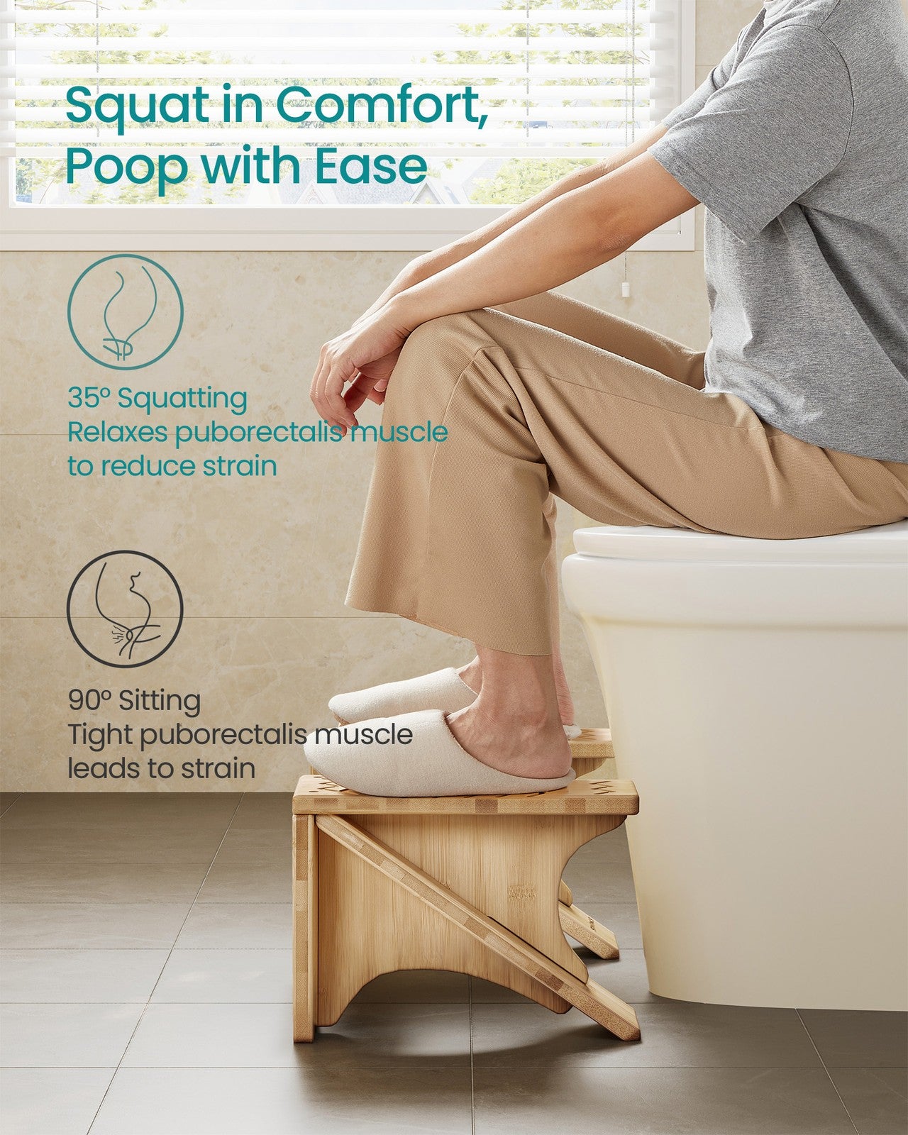 Bamboo Toilet Stool with Non-Slip Grooves