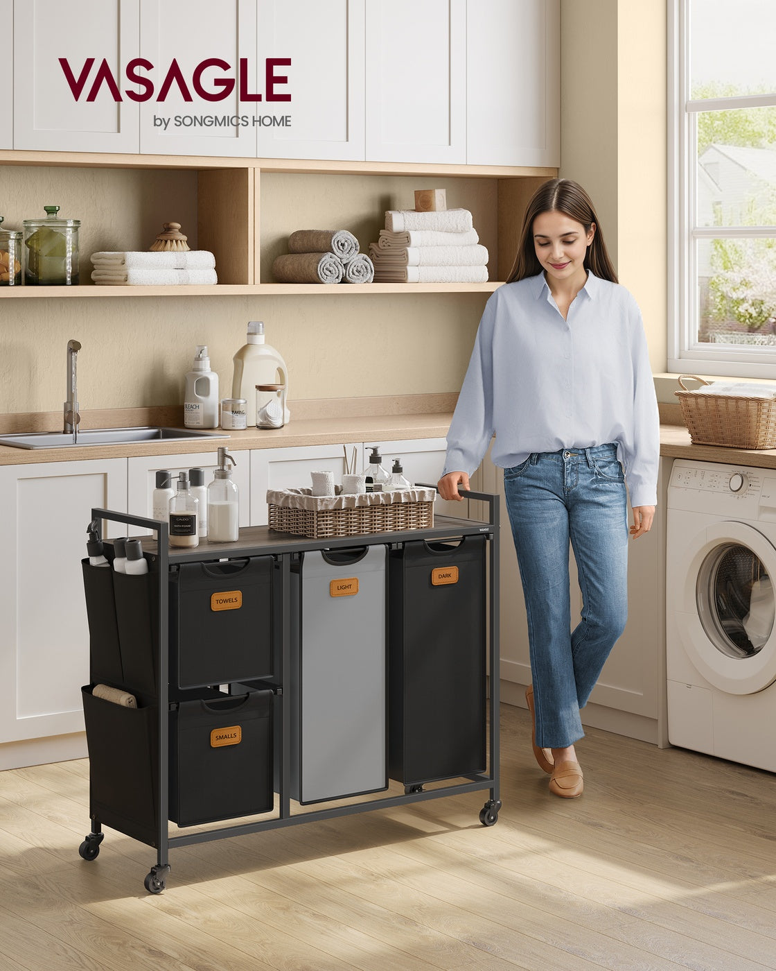 39.6 Gal. Laundry Hamper with 4 Compartments Chestnut Brown - Ink Black and Dove Gray - Chestnut Brown, Ink Black, Dove Gray