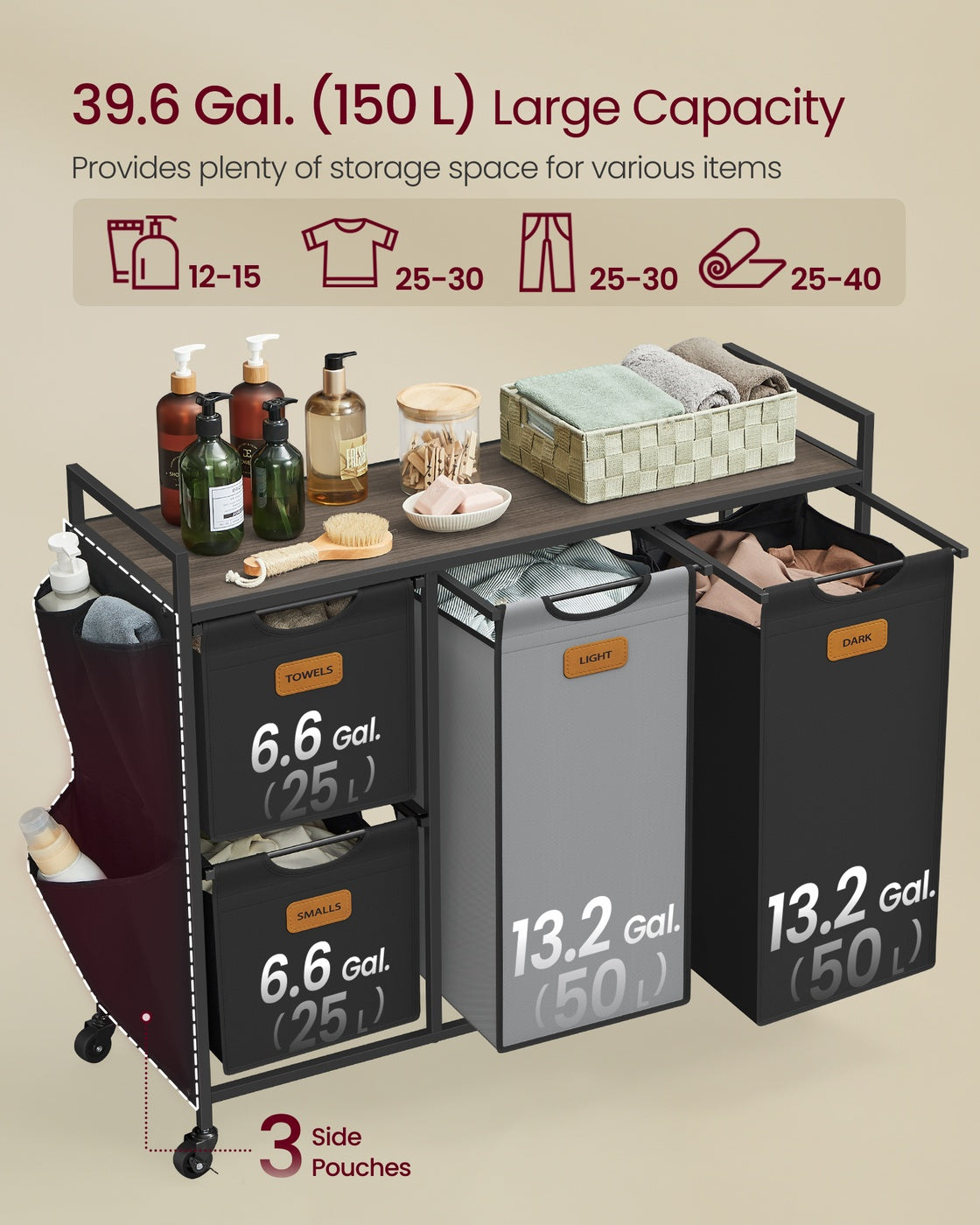 39.6 Gal. Laundry Hamper with 4 Compartments Chestnut Brown - Ink Black and Dove Gray - Chestnut Brown, Ink Black, Dove Gray