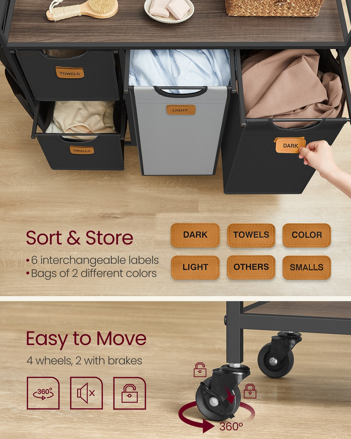 39.6 Gal. Laundry Hamper with 4 Compartments Chestnut Brown - Ink Black and Dove Gray - Chestnut Brown, Ink Black, Dove Gray