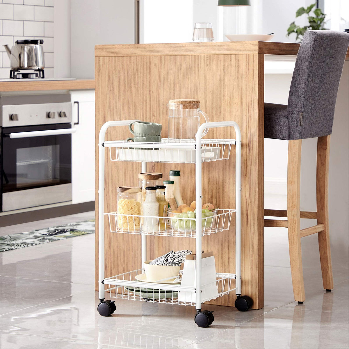 Metal Rolling Cart - 3-Tier - Lockable Wheels - With Baskets