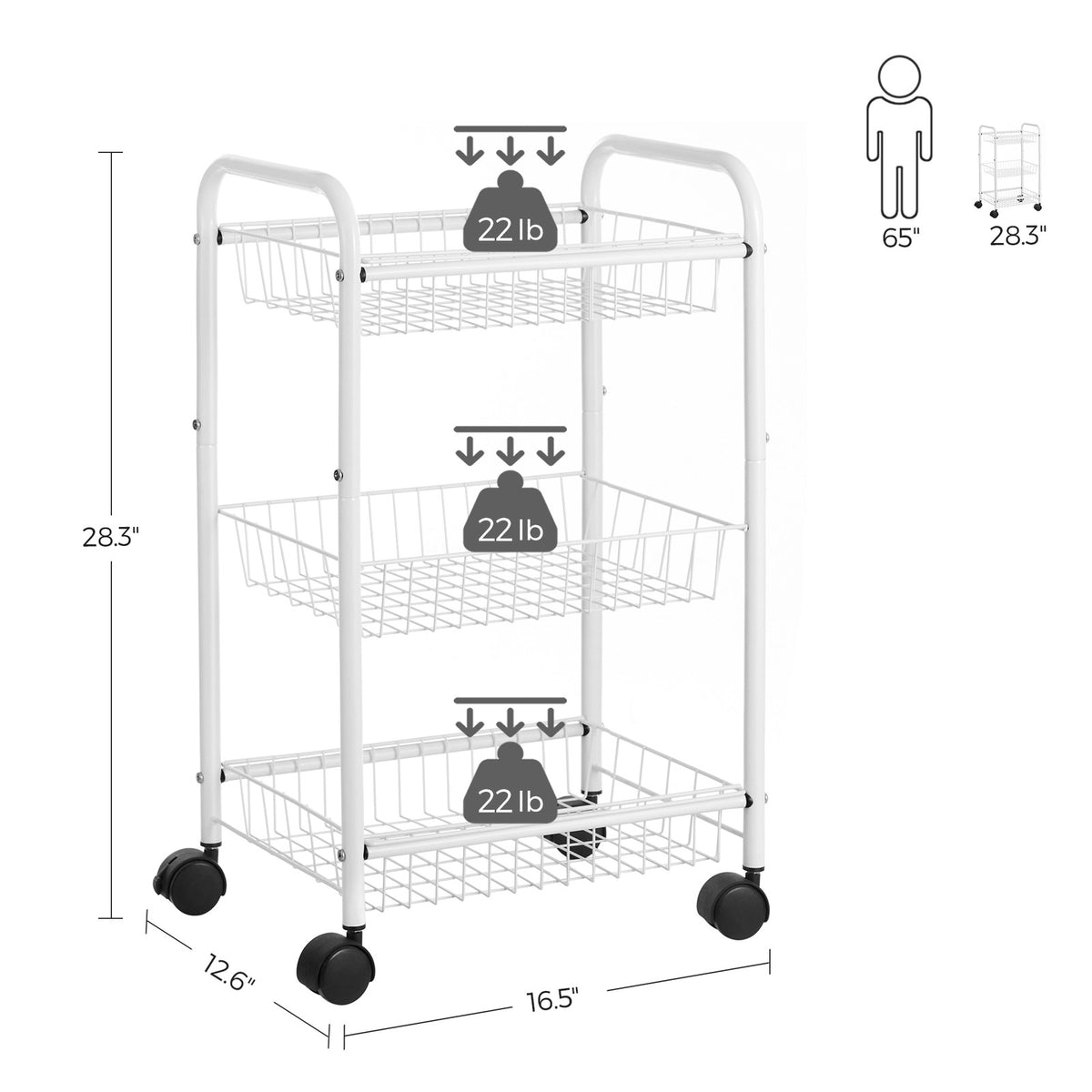 Metal Rolling Cart - 3-Tier - Lockable Wheels - With Baskets