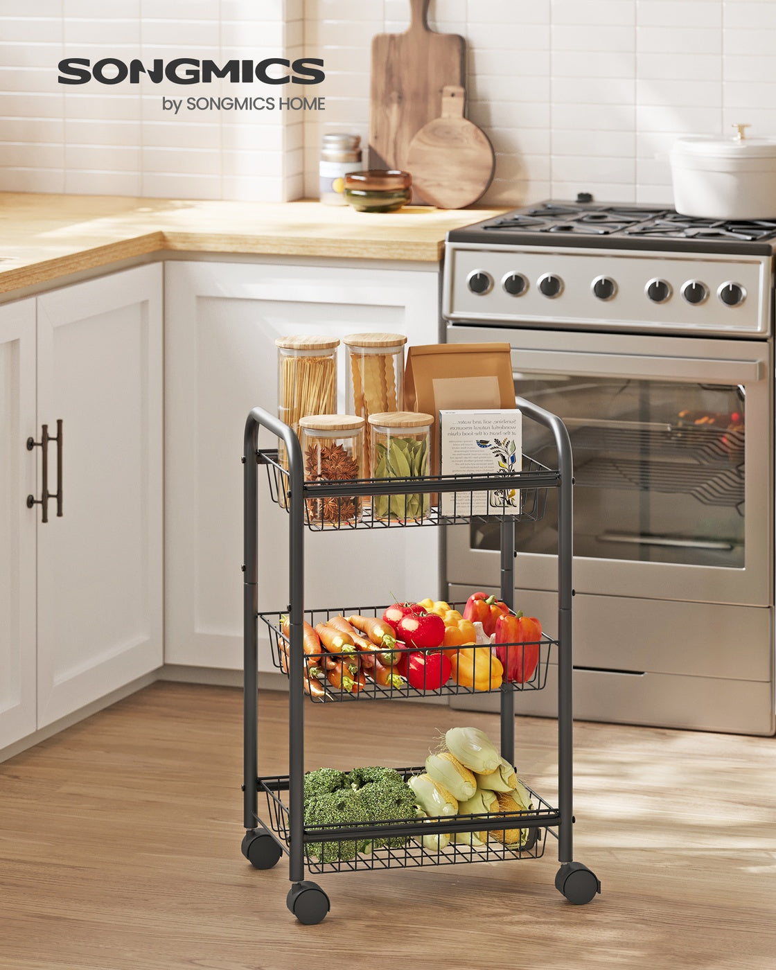 3-Tier Metal Rolling Cart on Wheels with Baskets Black - Black