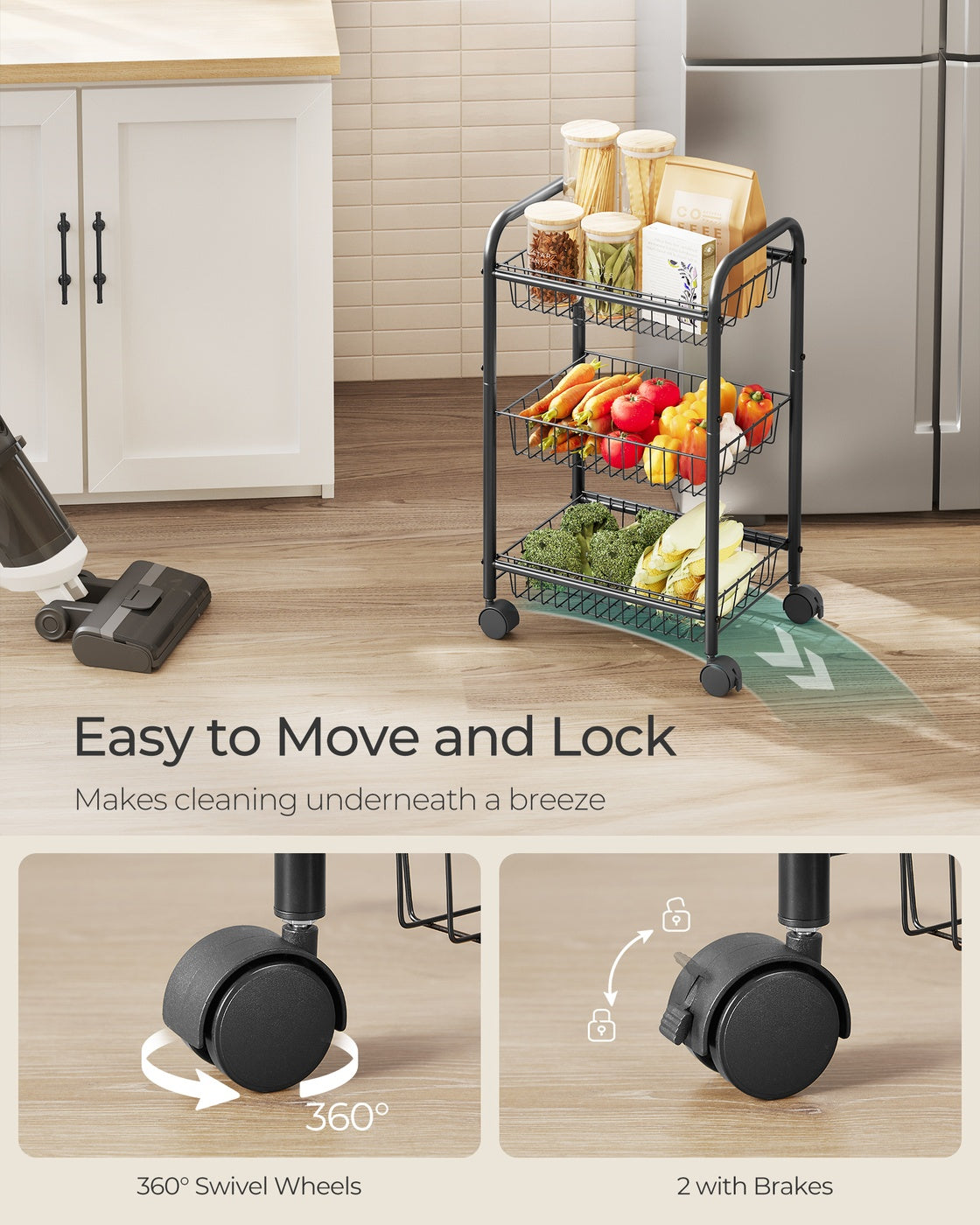 3-Tier Metal Rolling Cart on Wheels with Baskets Black - Black