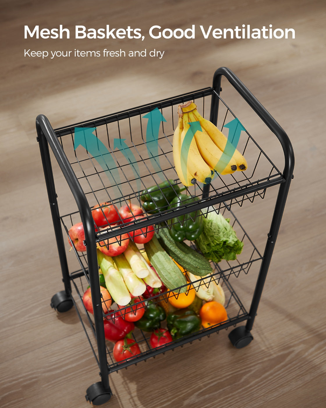 3-Tier Metal Rolling Cart on Wheels with Baskets Black - Black