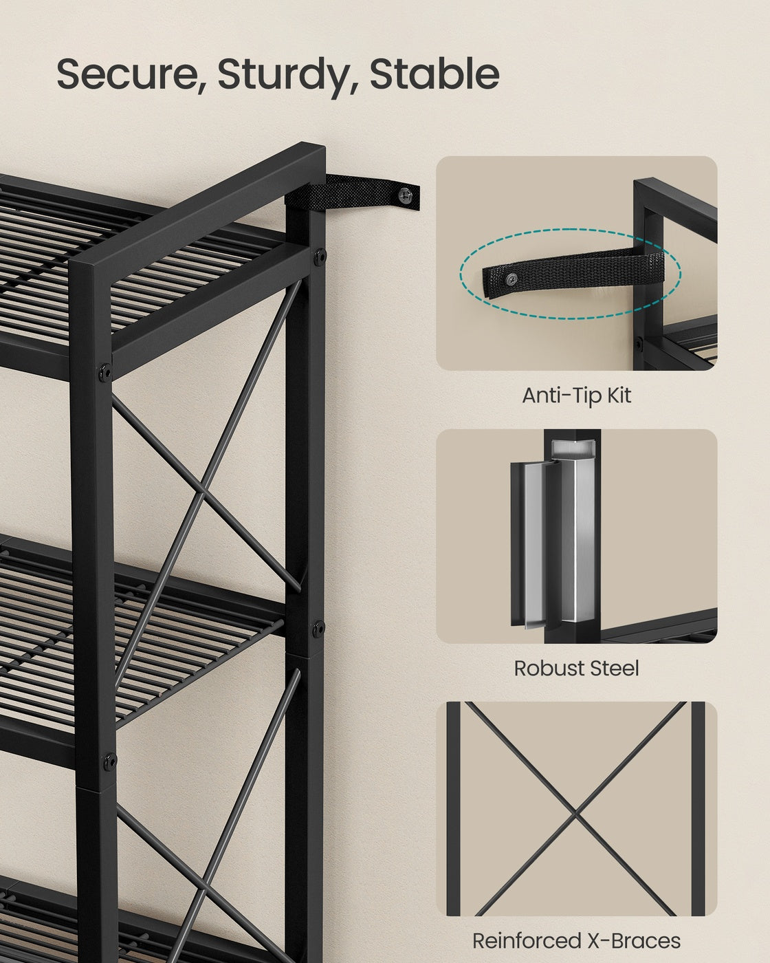 Metal Storage Shelving Unit with X Side Frames for Kitchen and Bathroom - Ink Black