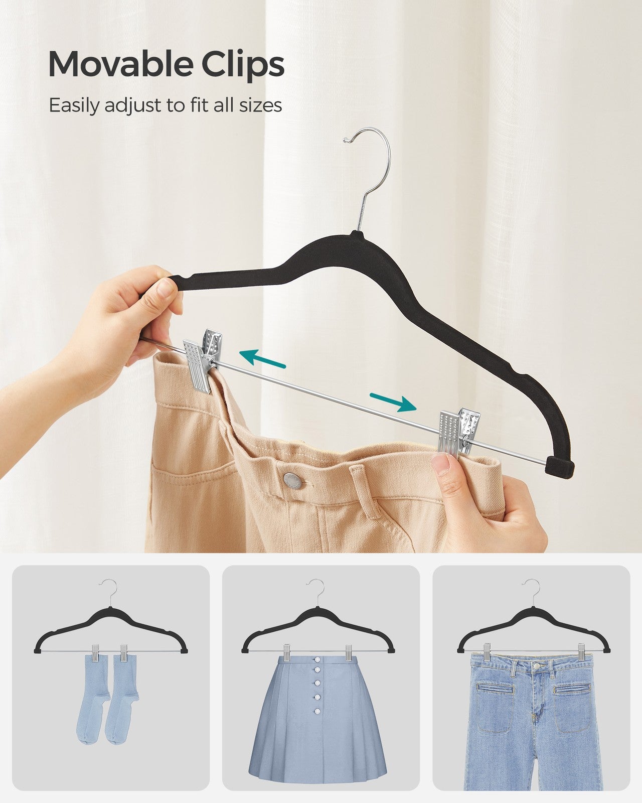 20-Pack Velvet Pants Hangers with Adjustable Clips - Black