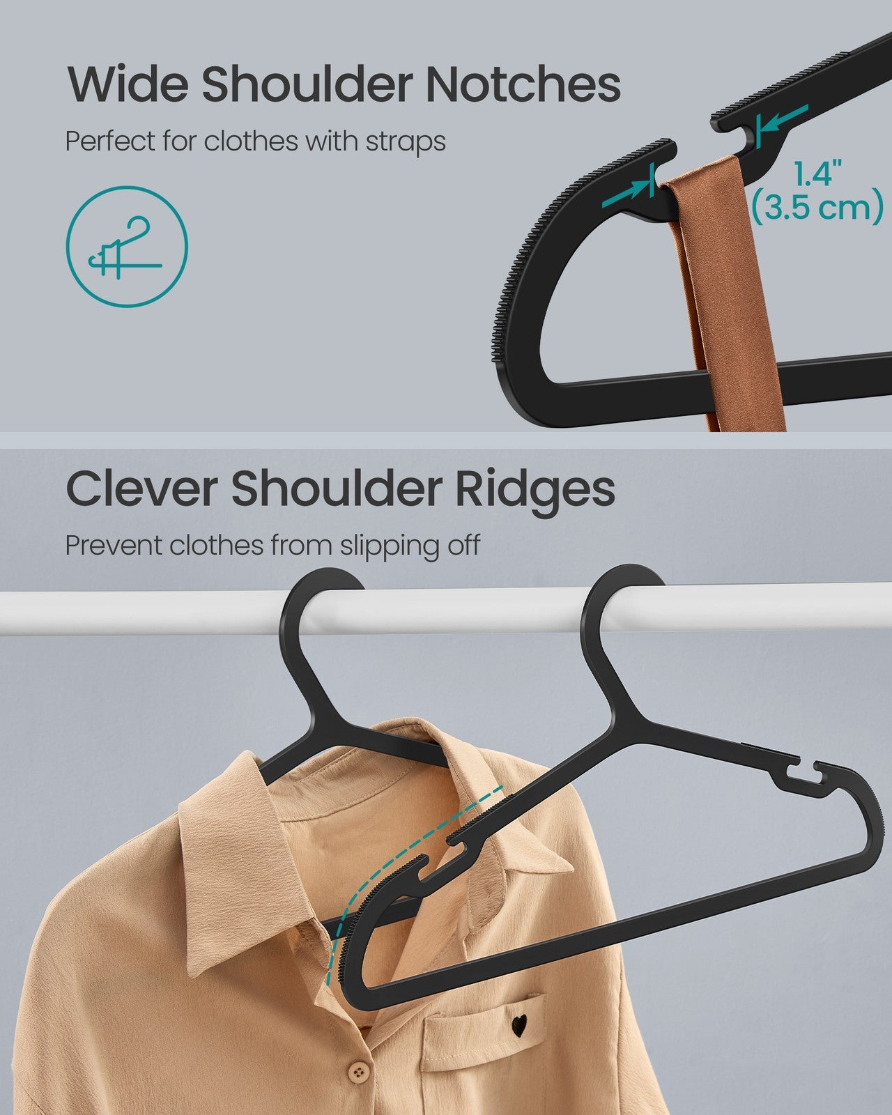 Plastic Hangers with Wide Shoulder Notches Pack of 50 - Ink Black