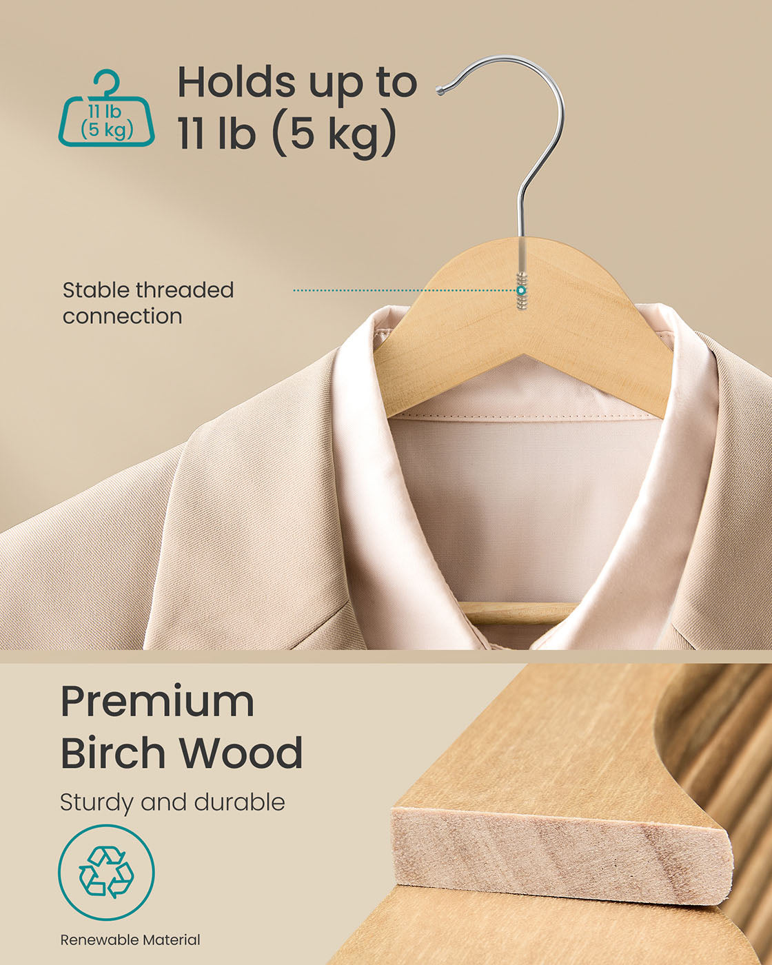 Wooden Hangers with 360° Swivel Hooks - Pack of 30