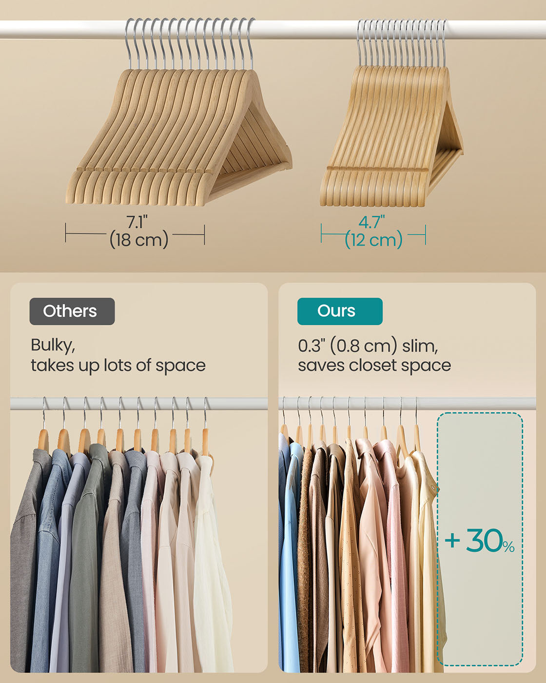 Wooden Hangers with 360° Swivel Hooks - Pack of 30