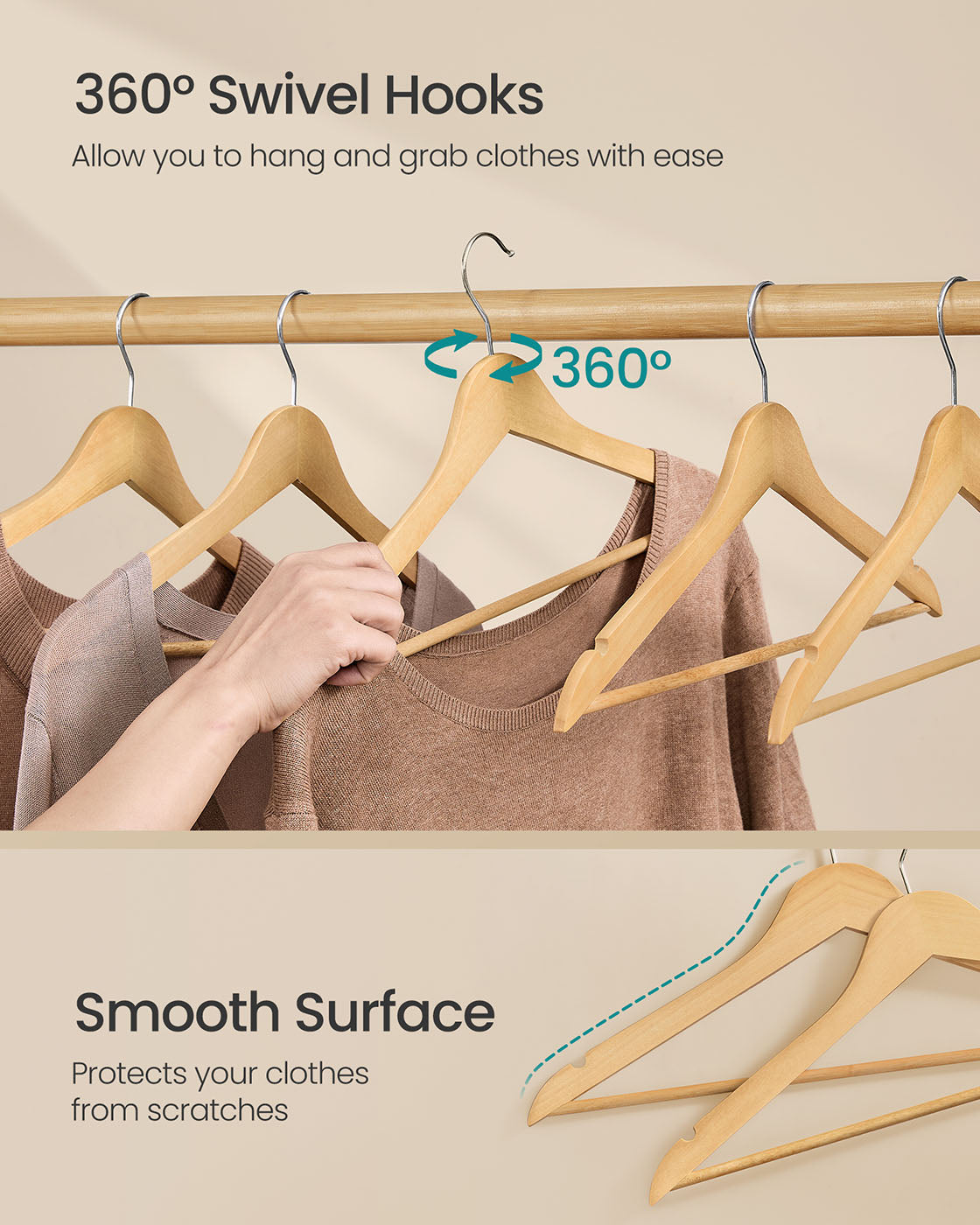 Wooden Hangers with 360° Swivel Hooks - Pack of 30