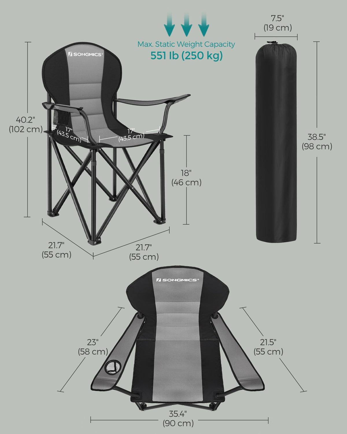Folding Camping Chair with Sponge Seat Grey and Ink Black - 21.7"D x 35.4"W x 40.2"H