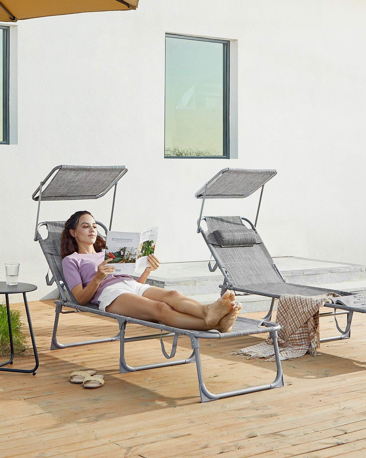 Sun Lounger with Sunshade Headrest Adjustable Backrest