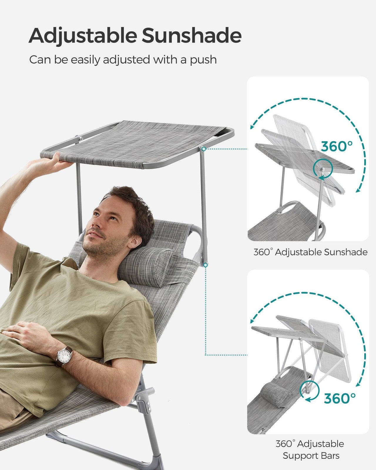 Sun Lounger with Sunshade Headrest Adjustable Backrest