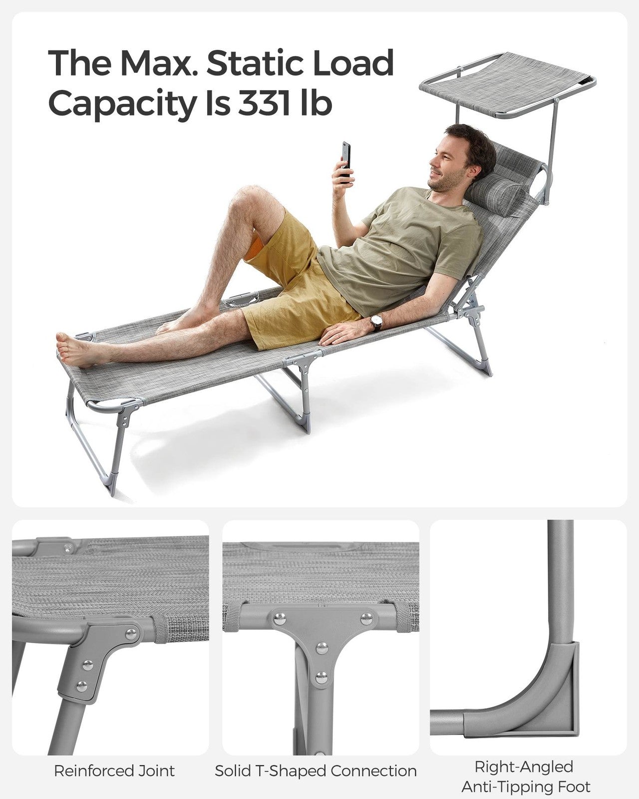 Sun Lounger with Sunshade Headrest Adjustable Backrest