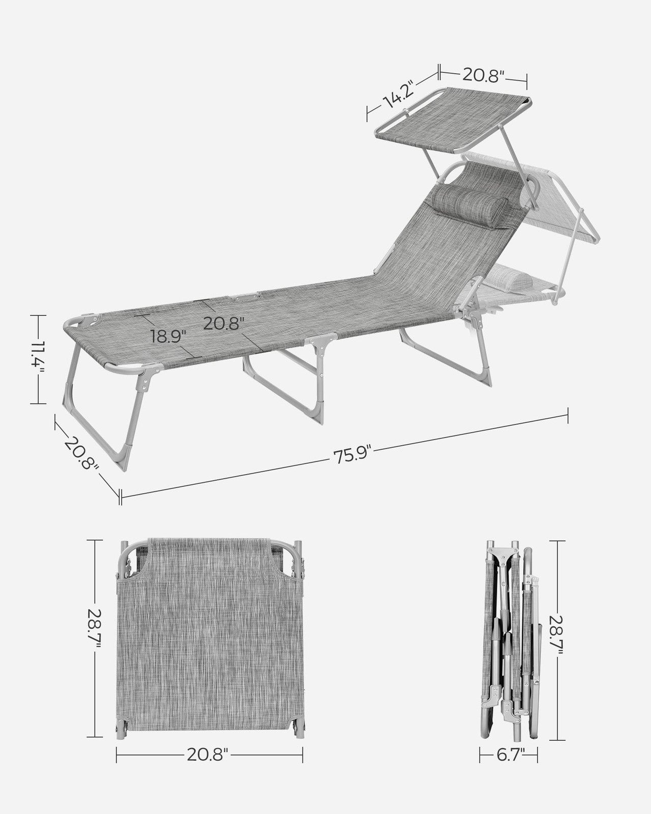 Sun Lounger with Sunshade Headrest Adjustable Backrest