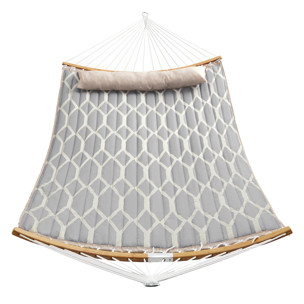 Quilted Hammock with Curved Bamboo Spreaders - Pillow - Gray and Beige Rhombus - 78.7”L x 55.1”W