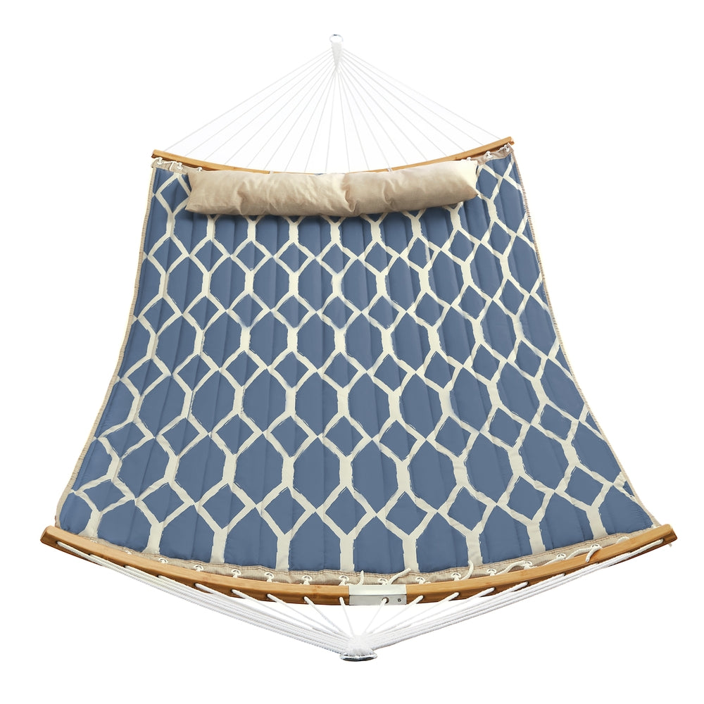 Quilted Hammock with Curved Bamboo Spreaders - Pillow - Blue and Beige Rhombus - 78.7”L x 55.1”W
