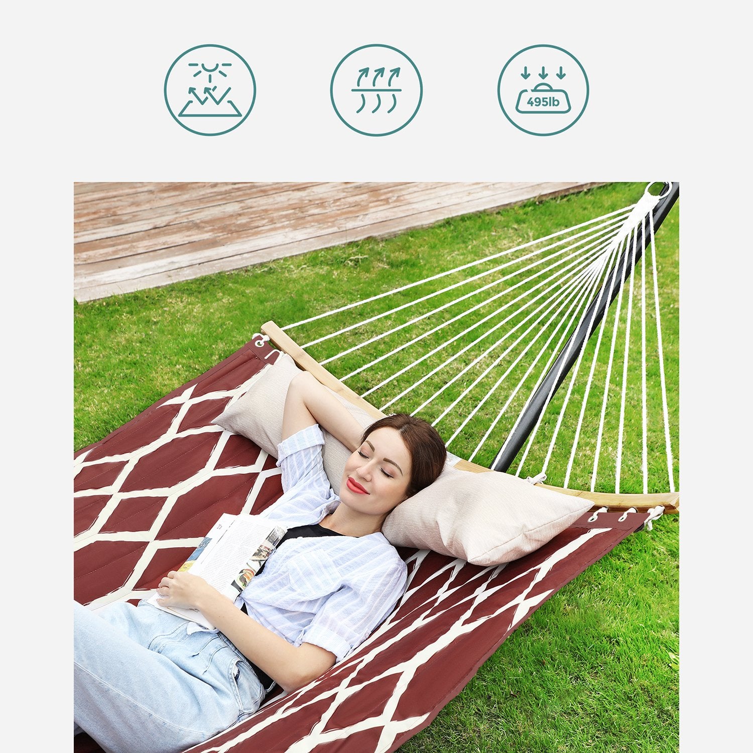 Quilted Hammock with Curved Bamboo Spreaders - Pillow - Red and Beige Rhombus