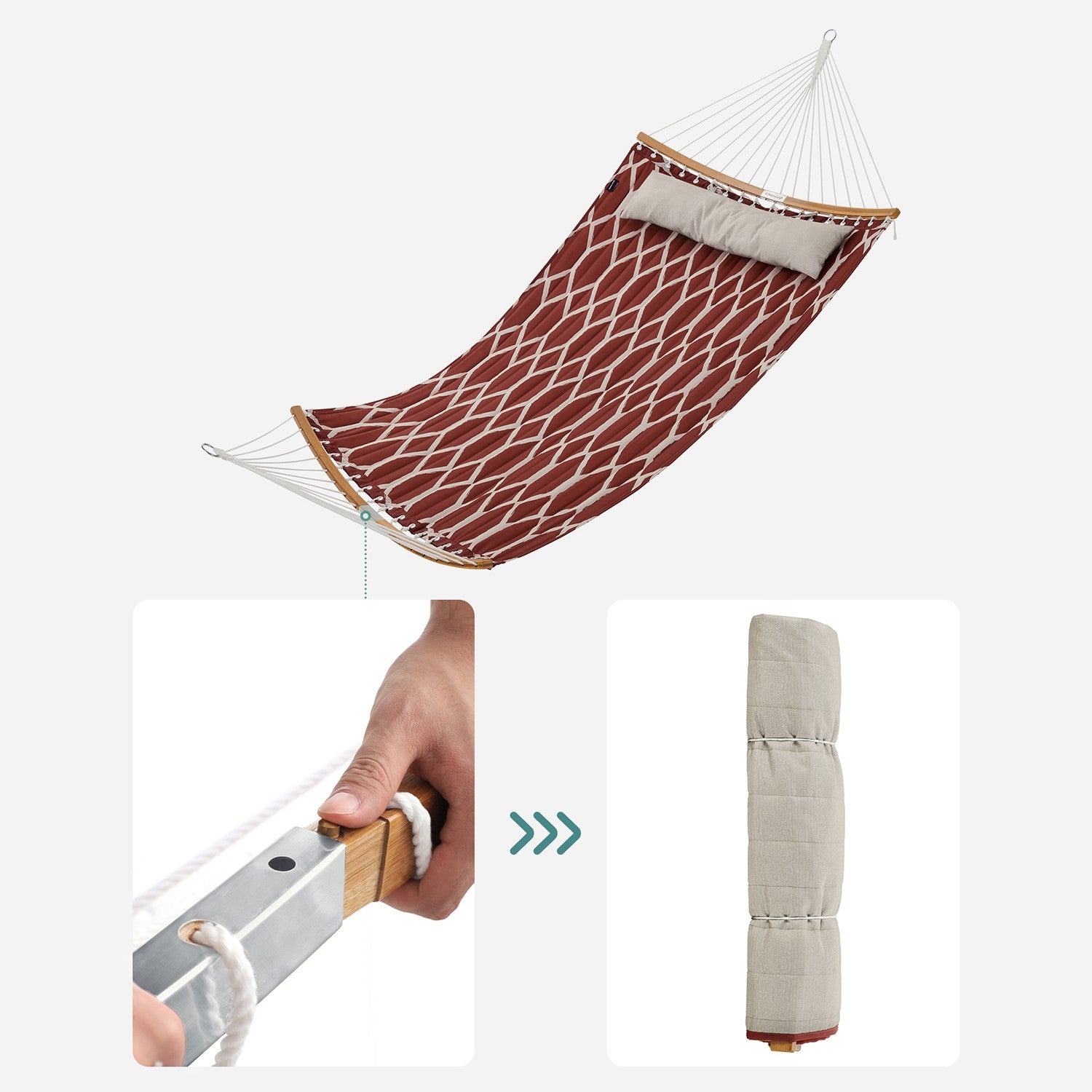 Quilted Hammock with Curved Bamboo Spreaders - Pillow - Red and Beige Rhombus