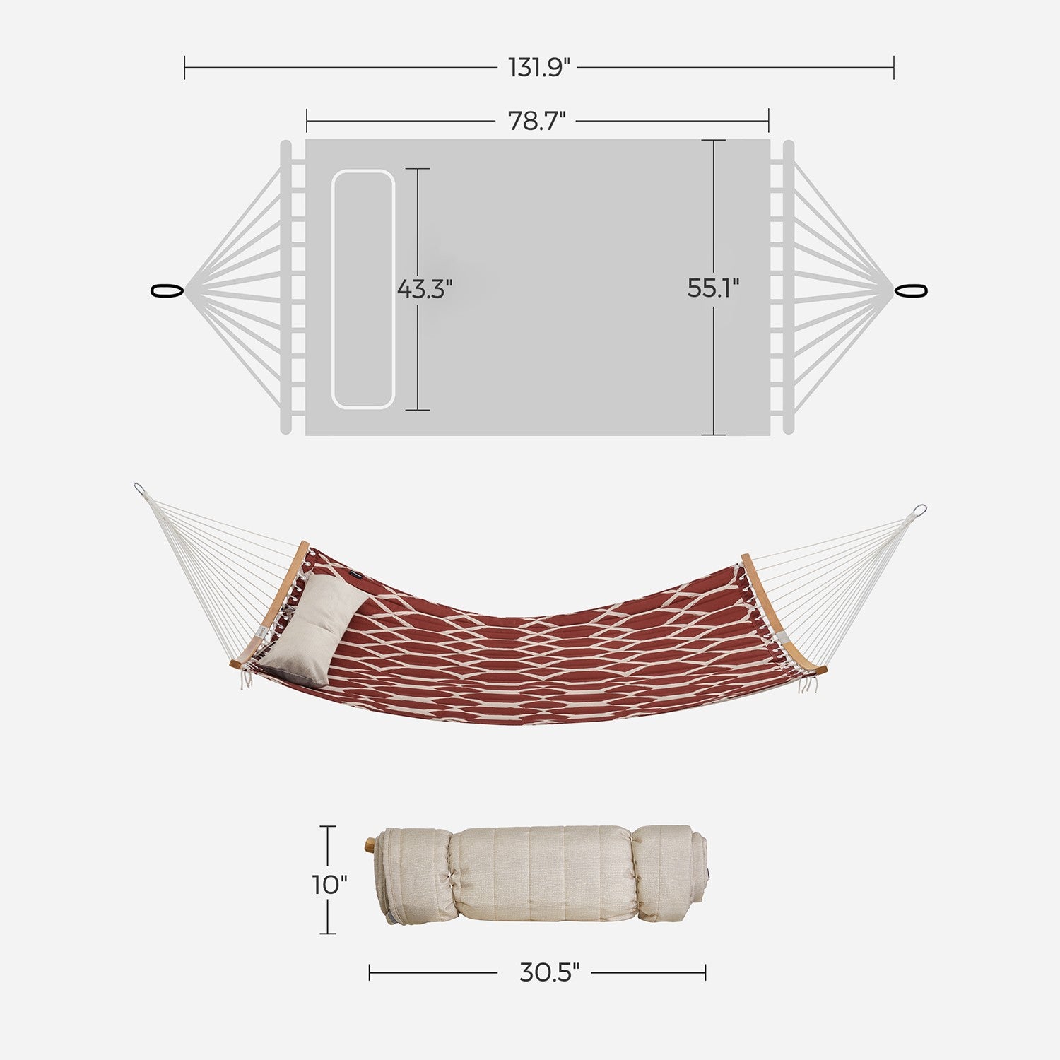Quilted Hammock with Curved Bamboo Spreaders - Pillow - Red and Beige Rhombus