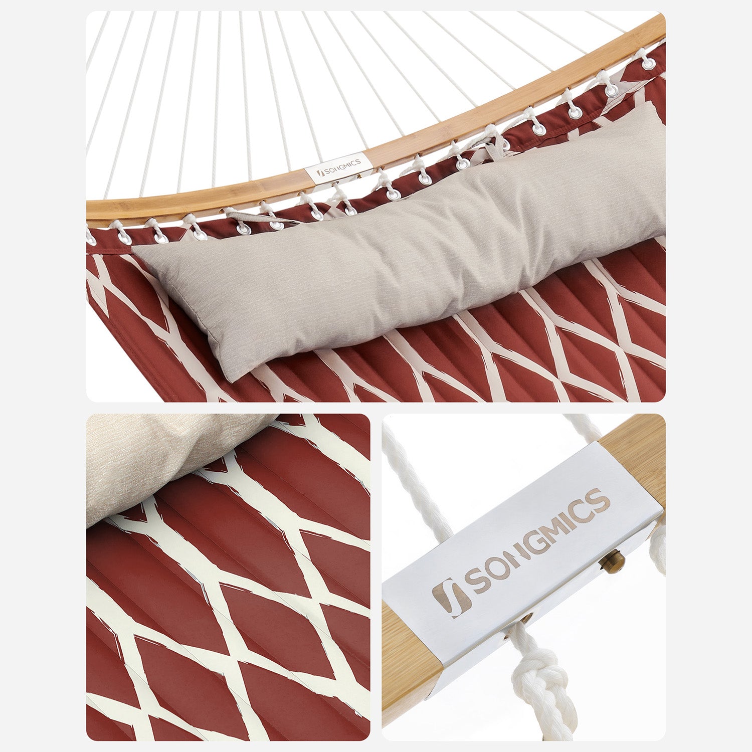 Quilted Hammock with Curved Bamboo Spreaders - Pillow - Red and Beige Rhombus