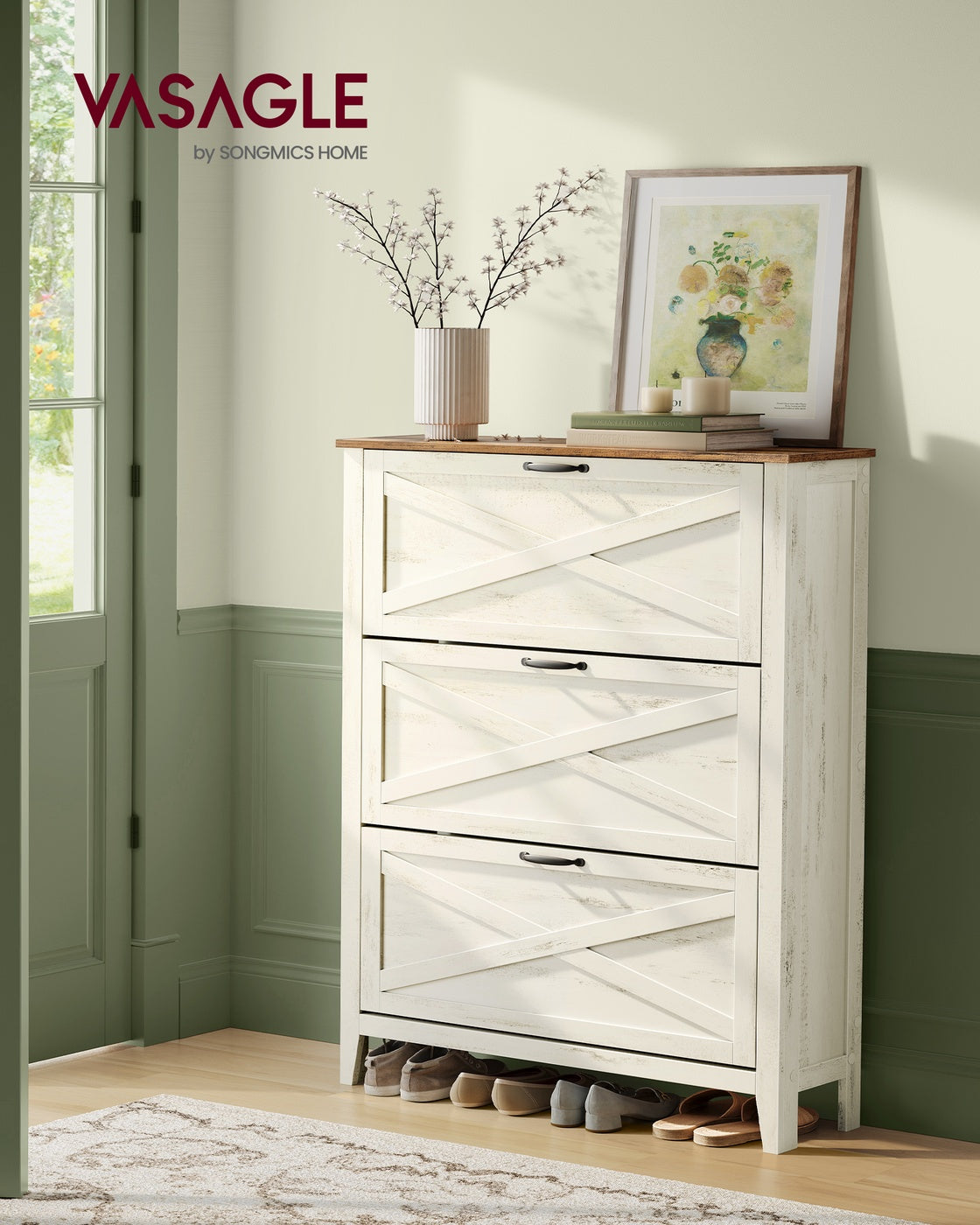 Tall Slim Shoe Cabinet - 3 Flip-Down Drawers - Fits 18 to 24 Pairs