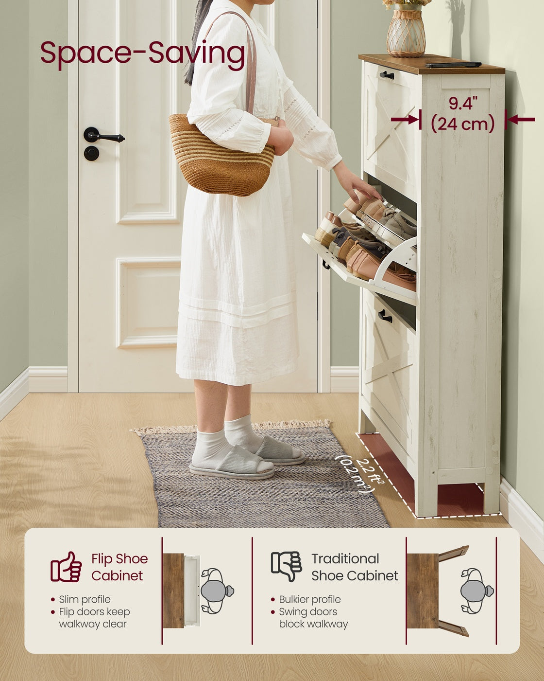 Tall Slim Shoe Cabinet - 3 Flip-Down Drawers - Fits 18 to 24 Pairs