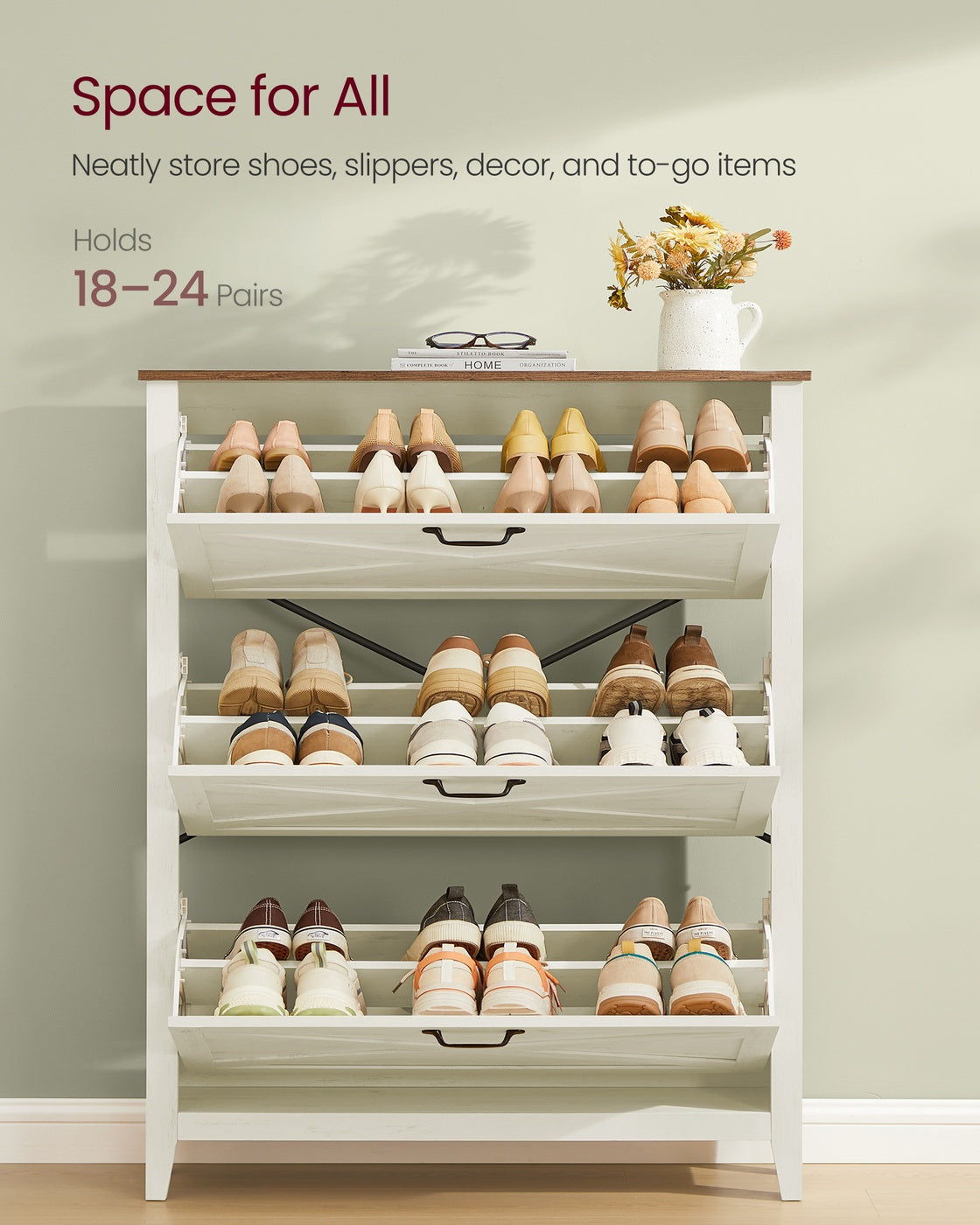 Tall Slim Shoe Cabinet - 3 Flip-Down Drawers - Fits 18 to 24 Pairs