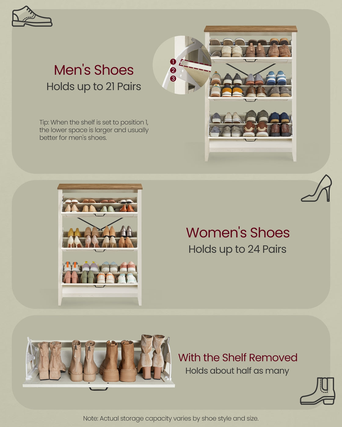 Tall Slim Shoe Cabinet - 3 Flip-Down Drawers - Fits 18 to 24 Pairs