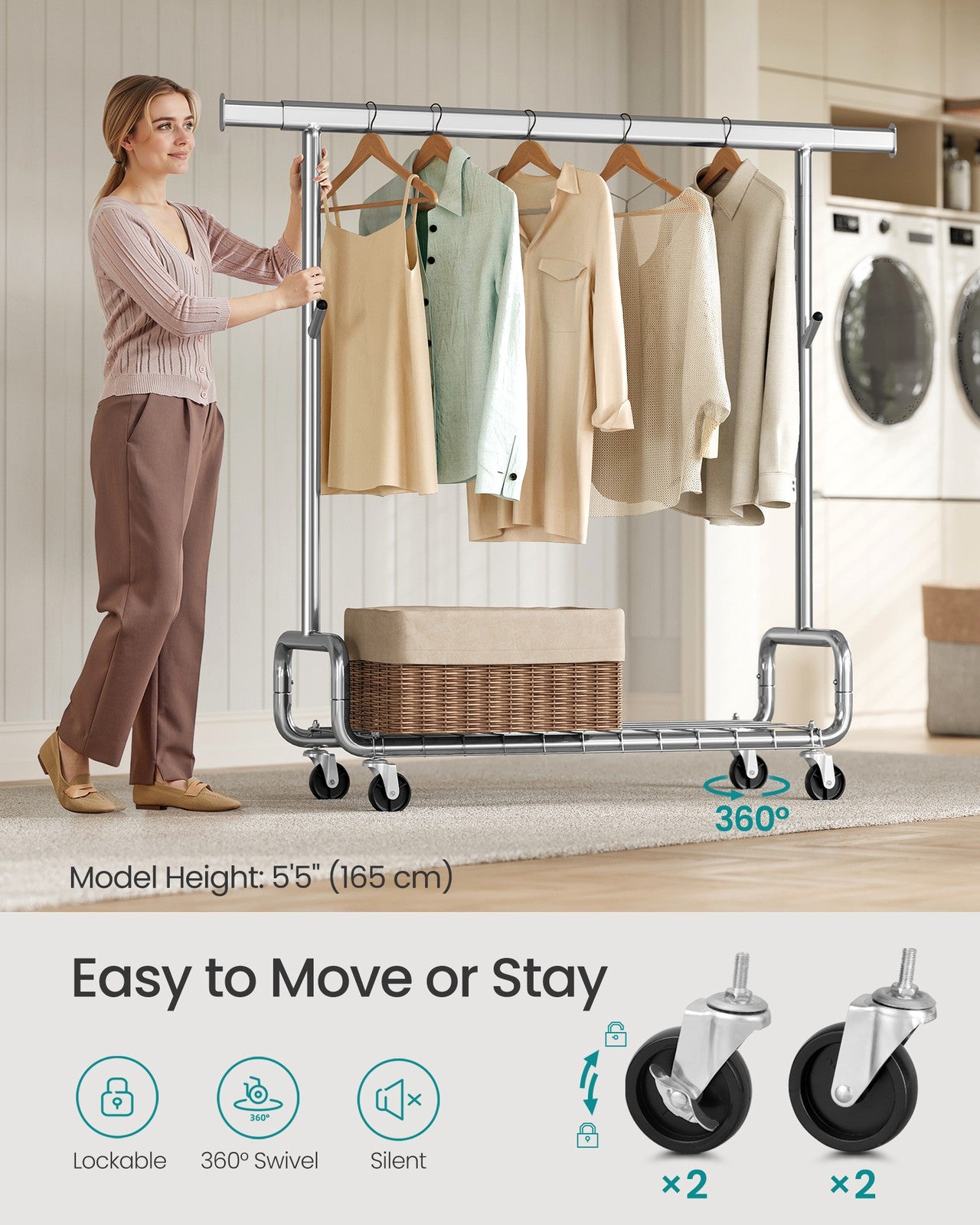 Clothes Rack - Heavy-Duty Rolling with Wheels - Silver - Silver