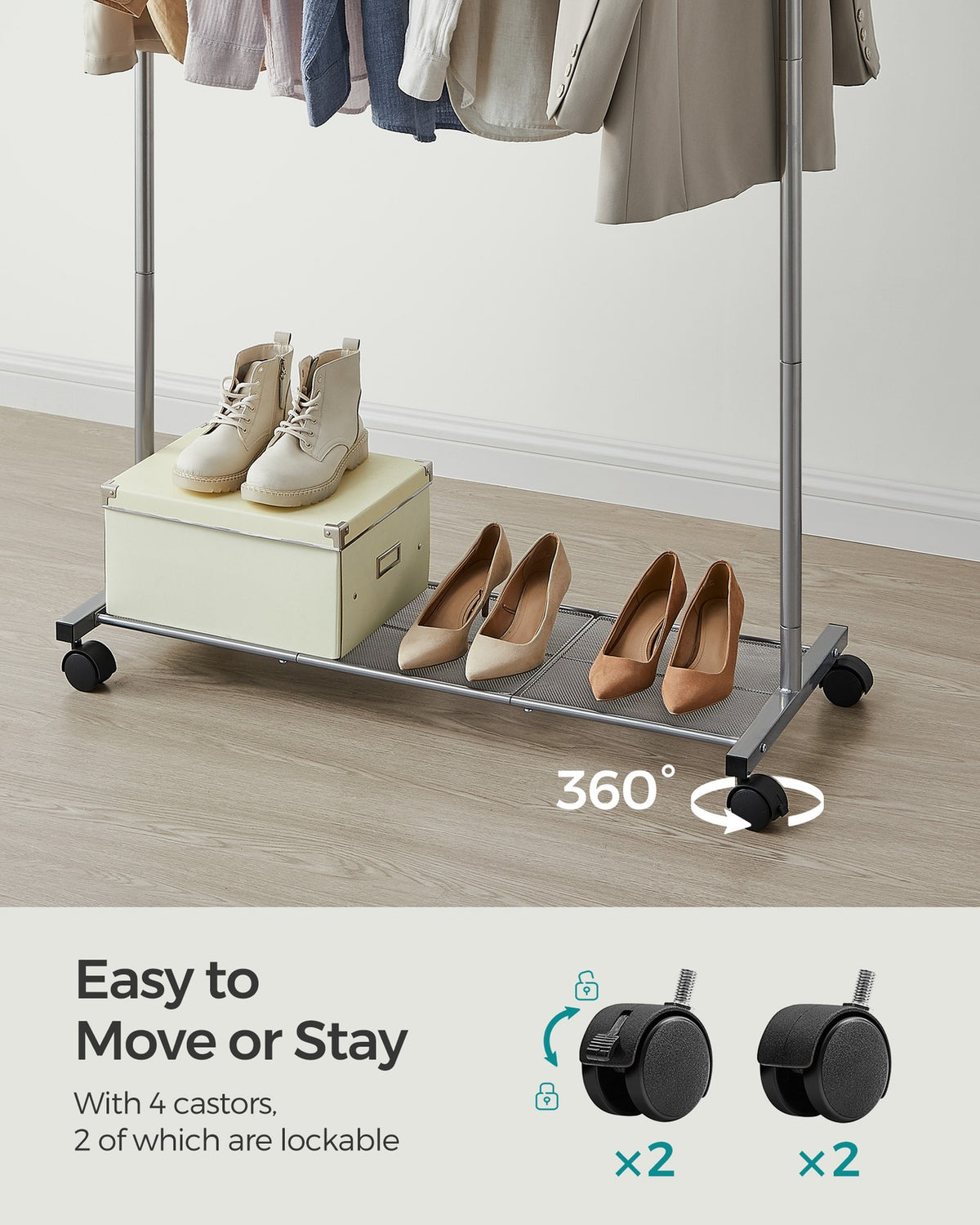 Clothes Rack - Dense Mesh Storage Shelf - Wheels with Brakes