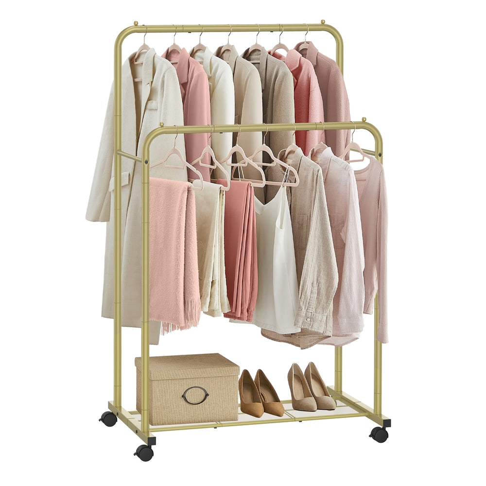 Clothes Rack with Wheels and Dense Mesh Storage Shelf - Gold - 23.6"D x 35.8"W x 61.4"H