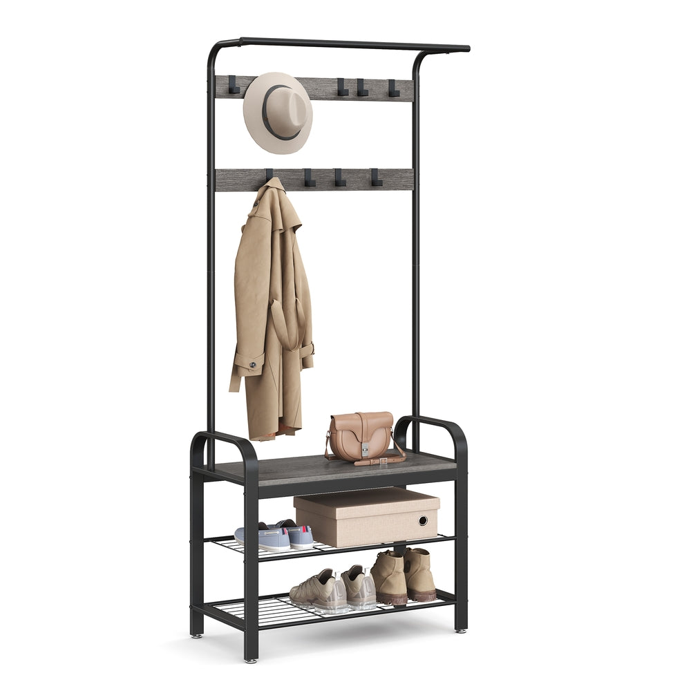 Coat Rack with Shoe Bench for Entryway - Charcoal Gray, Black - 13.3"D x 28.3"W x 72.1"H