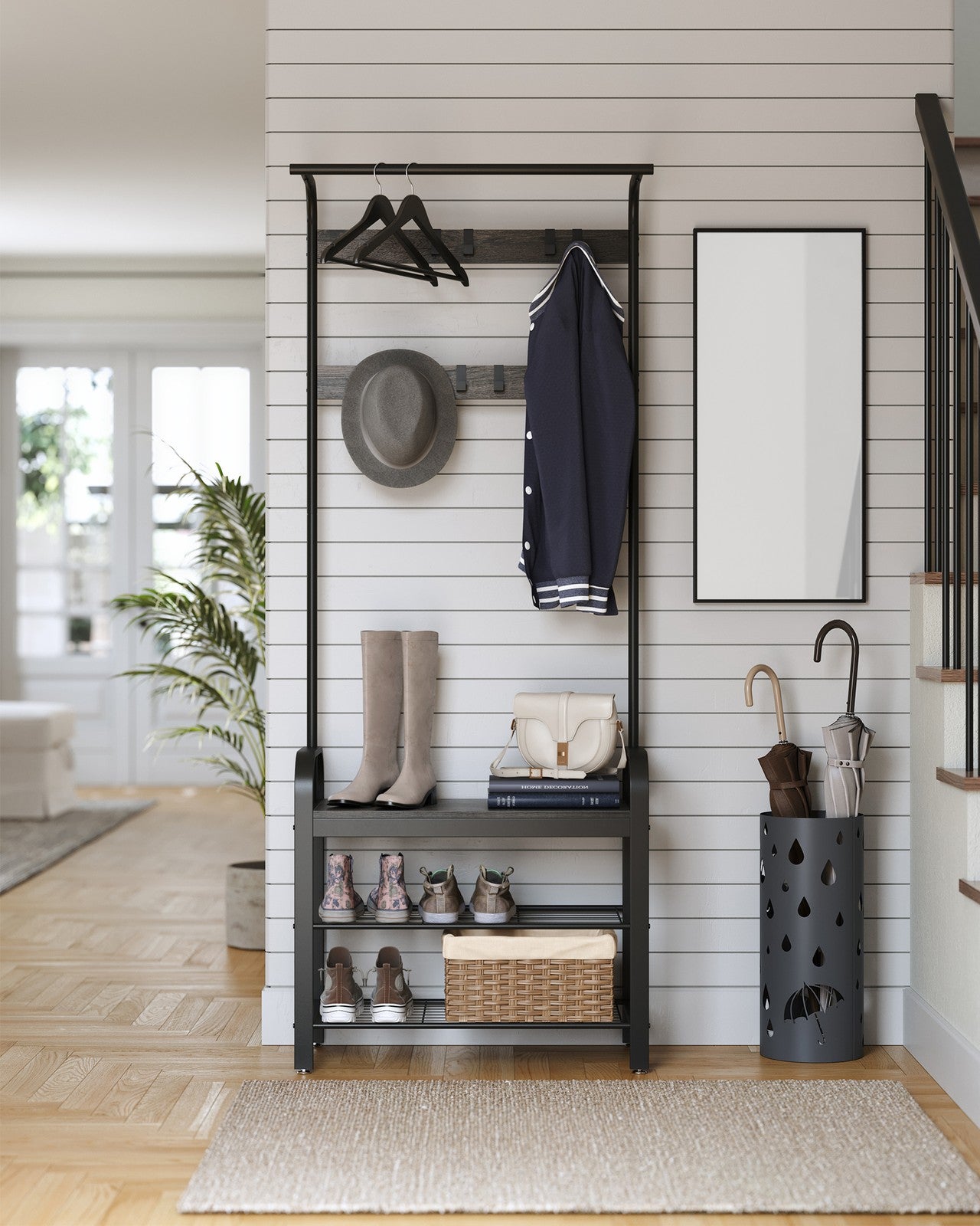 Coat Rack with Shoe Bench for Entryway - Charcoal Gray, Black