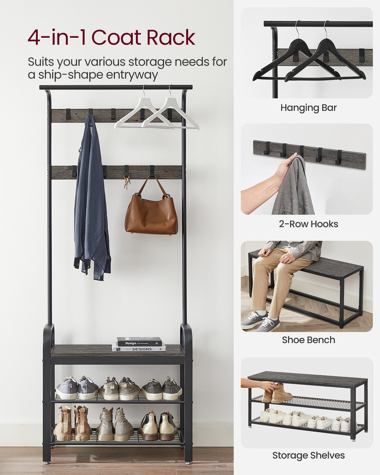 Coat Rack with Shoe Bench for Entryway - Charcoal Gray, Black