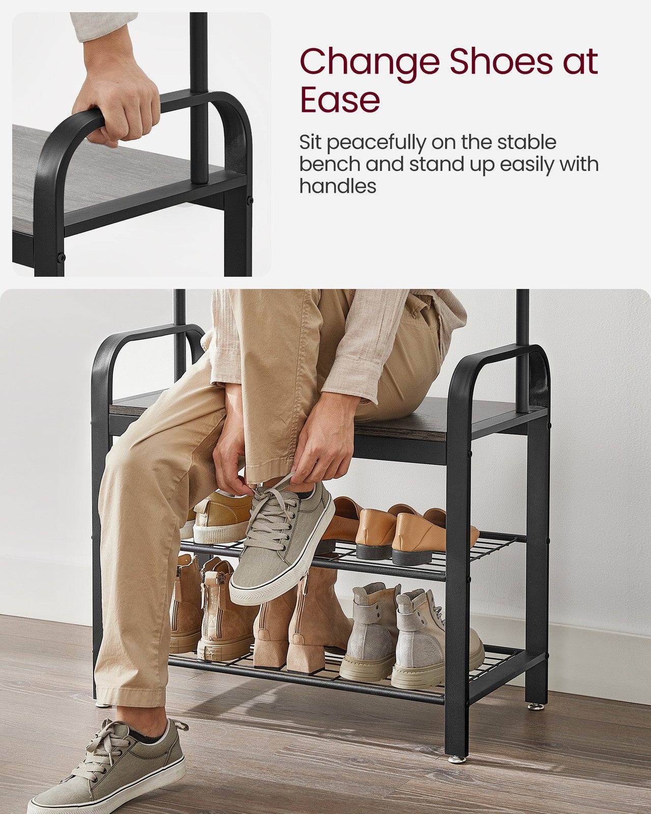 Coat Rack with Shoe Bench for Entryway - Charcoal Gray, Black