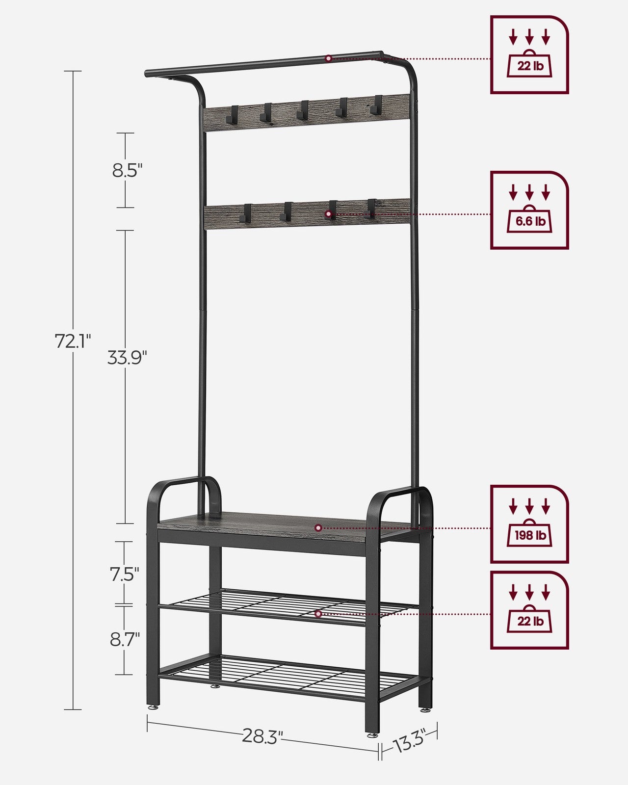 Coat Rack with Shoe Bench for Entryway - Charcoal Gray, Black
