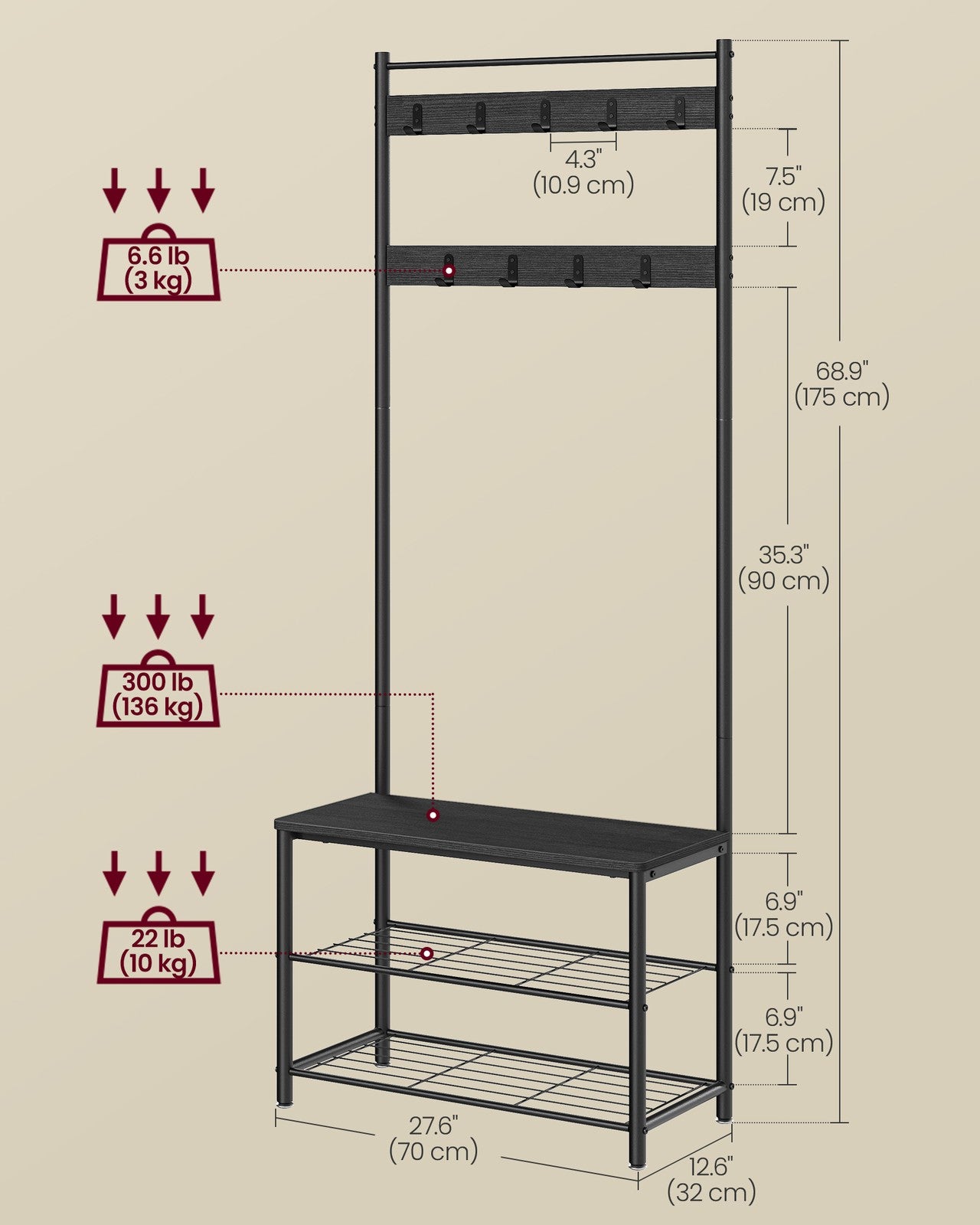 Coat Rack - Hall Tree with Shoe Storage Bench - Charcoal Gray